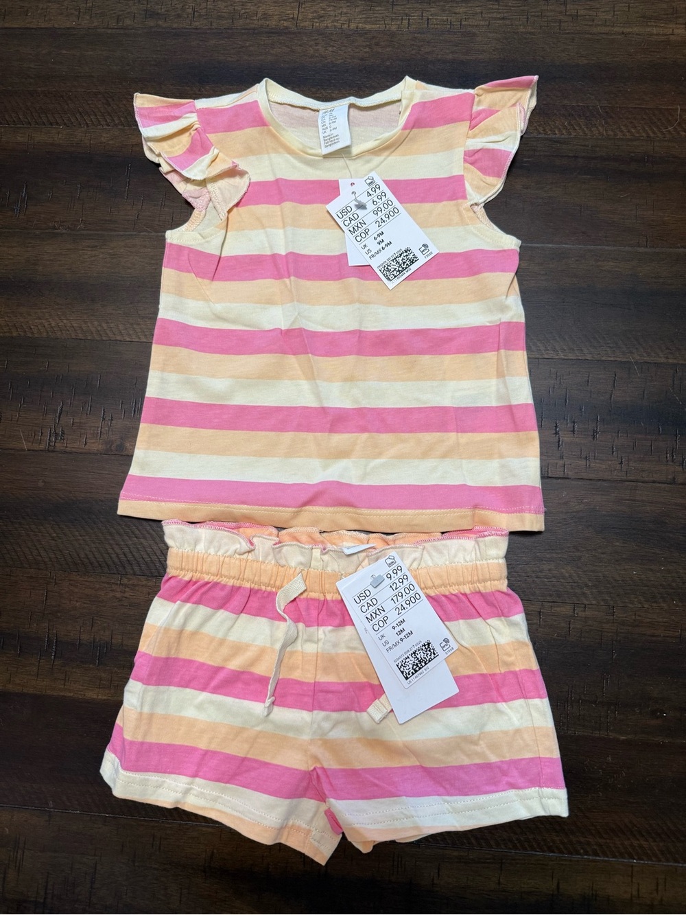 H&M Toddler Striped Ruffle Sleeve Top & Shorts - Pink, Peach, Cream